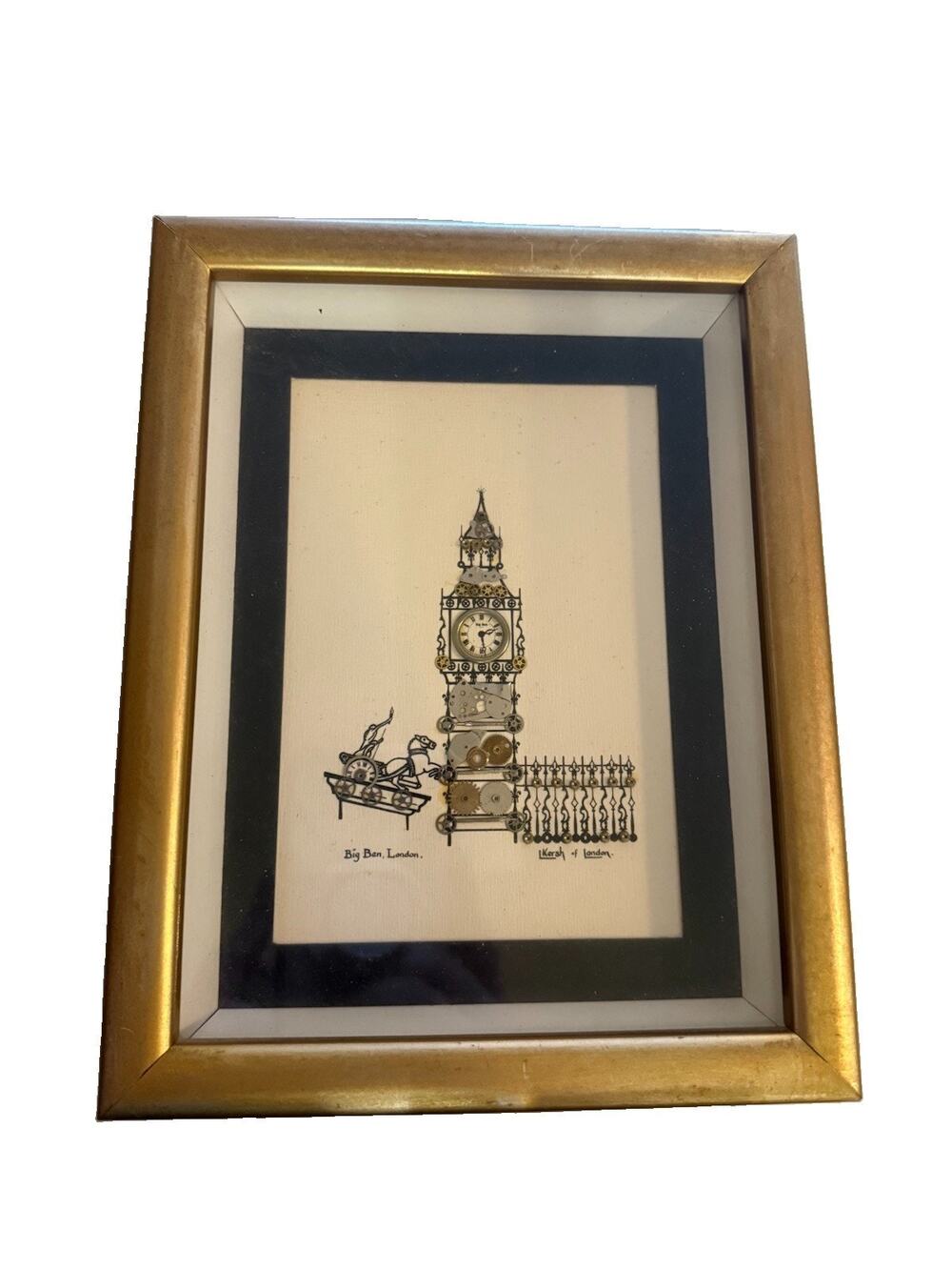 Vtg L Kersh of London Horological Collage Big Ben Clock Parts Framed w/ COA 1976
